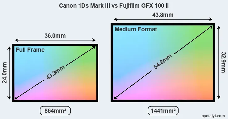 Canon 1Ds Mark III and Fujifilm GFX 100 II sensor measures