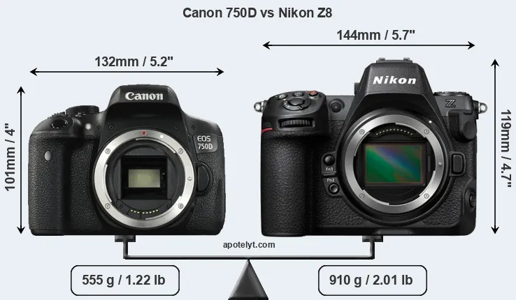 Size Canon 750D vs Nikon Z8