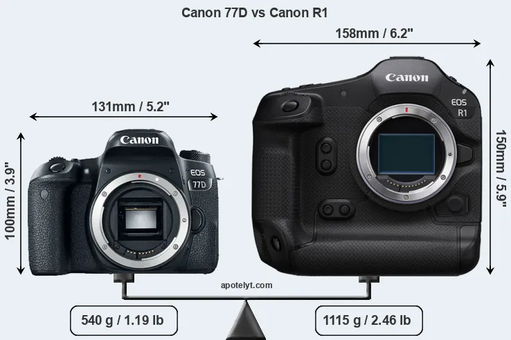 Size Canon 77D vs Canon R1
