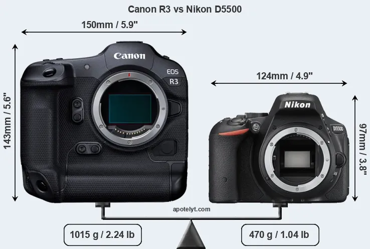 Size Canon R3 vs Nikon D5500