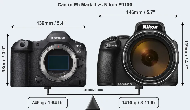 Size Canon R5 Mark II vs Nikon P1100