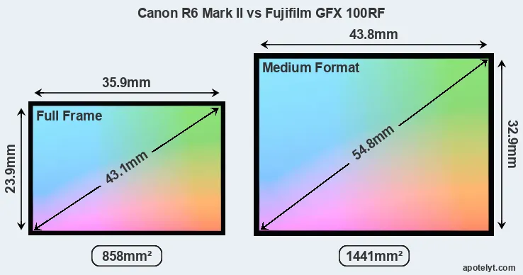 Canon R6 Mark II and Fujifilm GFX 100RF sensor measures