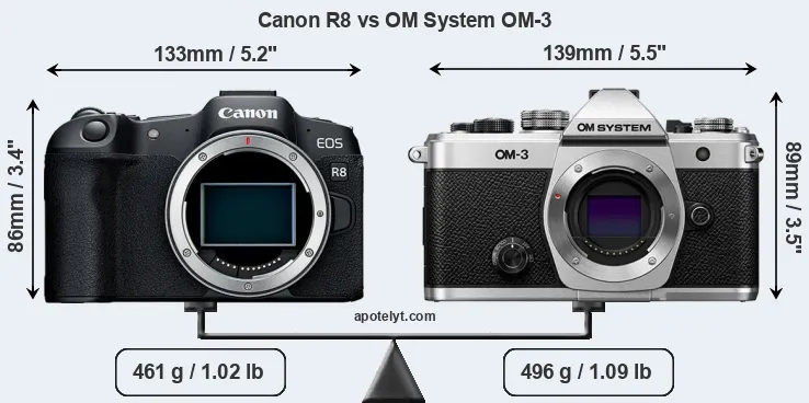 Size Canon R8 vs OM System OM-3