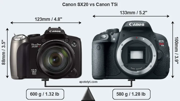 Size Canon SX20 vs Canon T5i