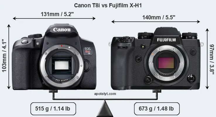 Size Canon T8i vs Fujifilm X-H1