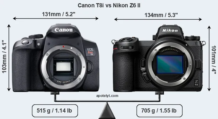 Size Canon T8i vs Nikon Z6 II