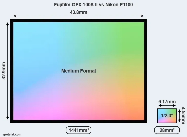 Fujifilm GFX 100S II and Nikon P1100 sensor measures