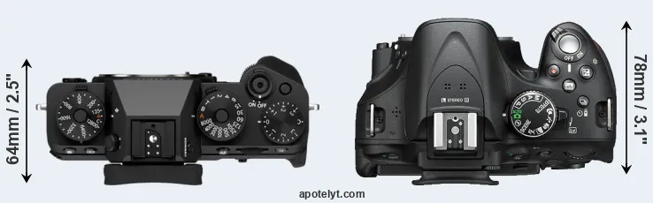 Compare X-T5 versus D5200 top