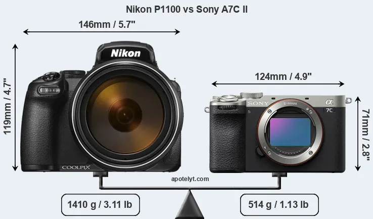 Size Nikon P1100 vs Sony A7C II